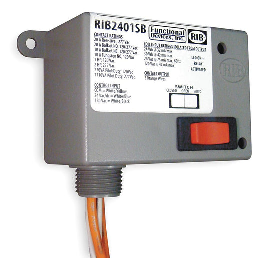 Functional Devices (RIB) RIB2401SB Enclosed Relay 20Amp SPST-NO + Override 24Vac/dc/1