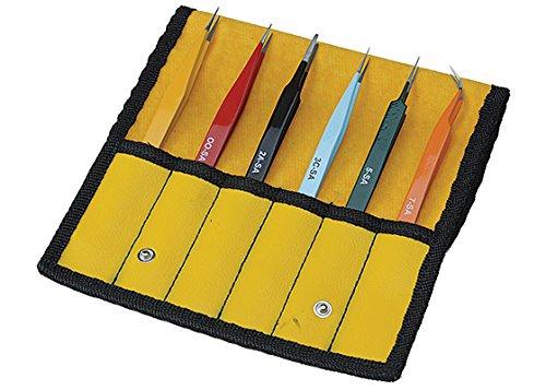 Aven Precision Tweezer Set, Yellow, 6 Pc, Straight & Curved, 4 1/4" to 5 In, Stainless Steel, Compact