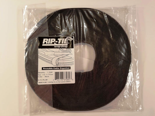 Rip-Tie Hook-and-Loop Cable Tie Roll,75 ft,Black